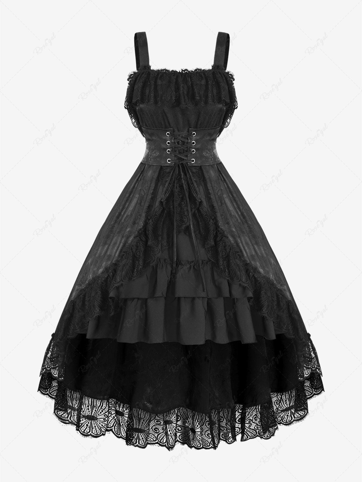 Gothic Butterfly Lace Overlay Bust Tree Embroidered Lace-up Ruffles Ruched Layered High Low Asymmetric A Line Corset Tank Dress