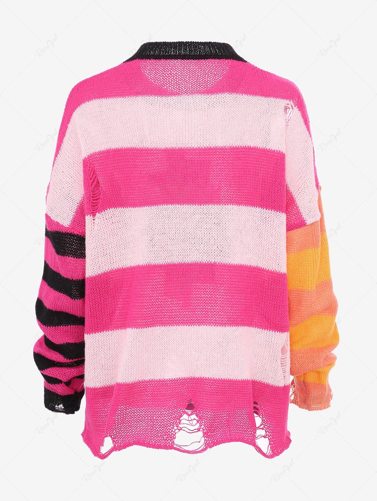 Gothic Drop Shoulder Colorful Colorblock Striped Ripped Sun Contrast Piping Pullover Long Sleeves Knit Sweater
