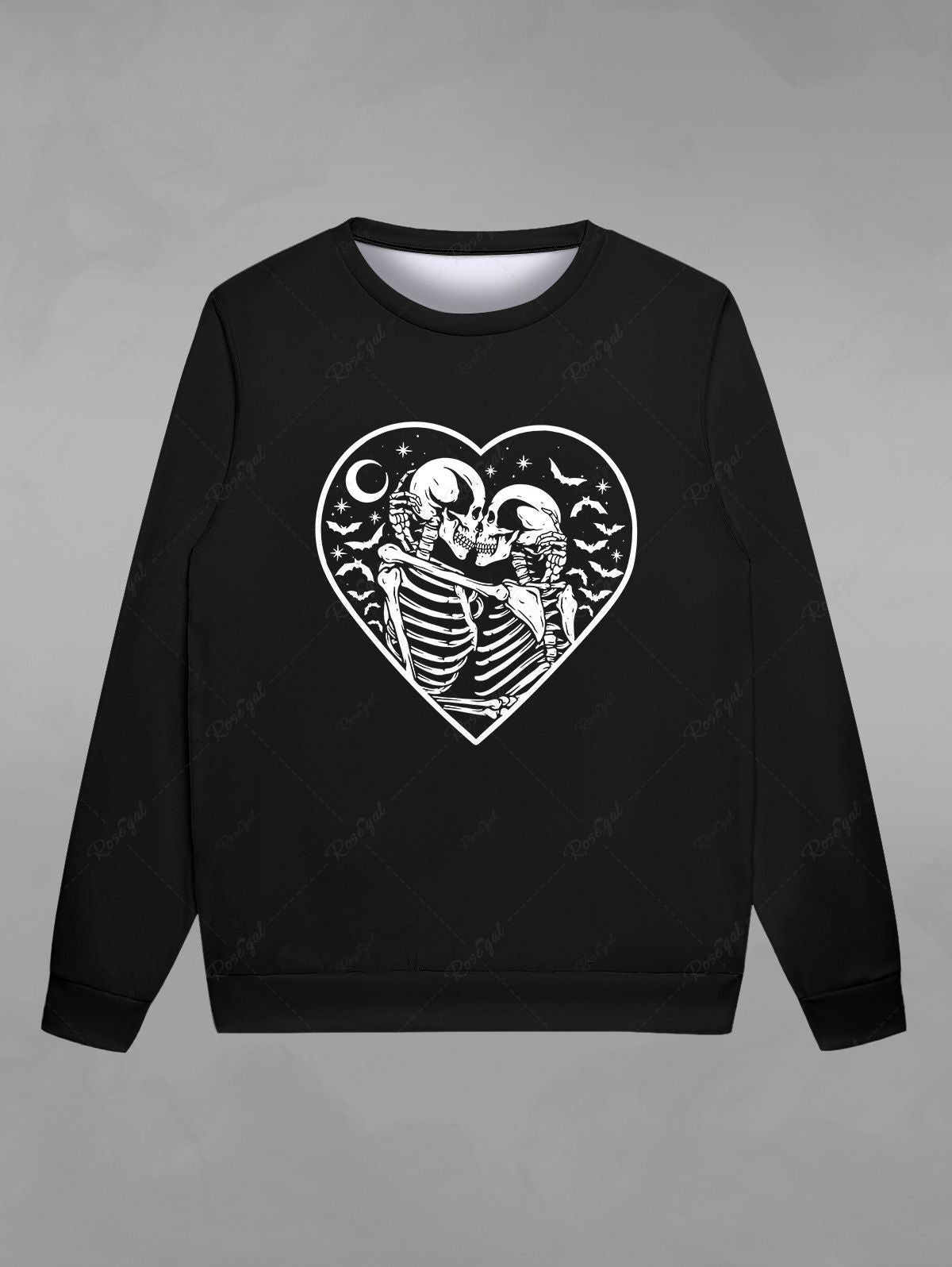 Gothic Valentine's Day Heart Skeleton Skulls Moon Birds Print Crew Neck Sweatshirt For Men