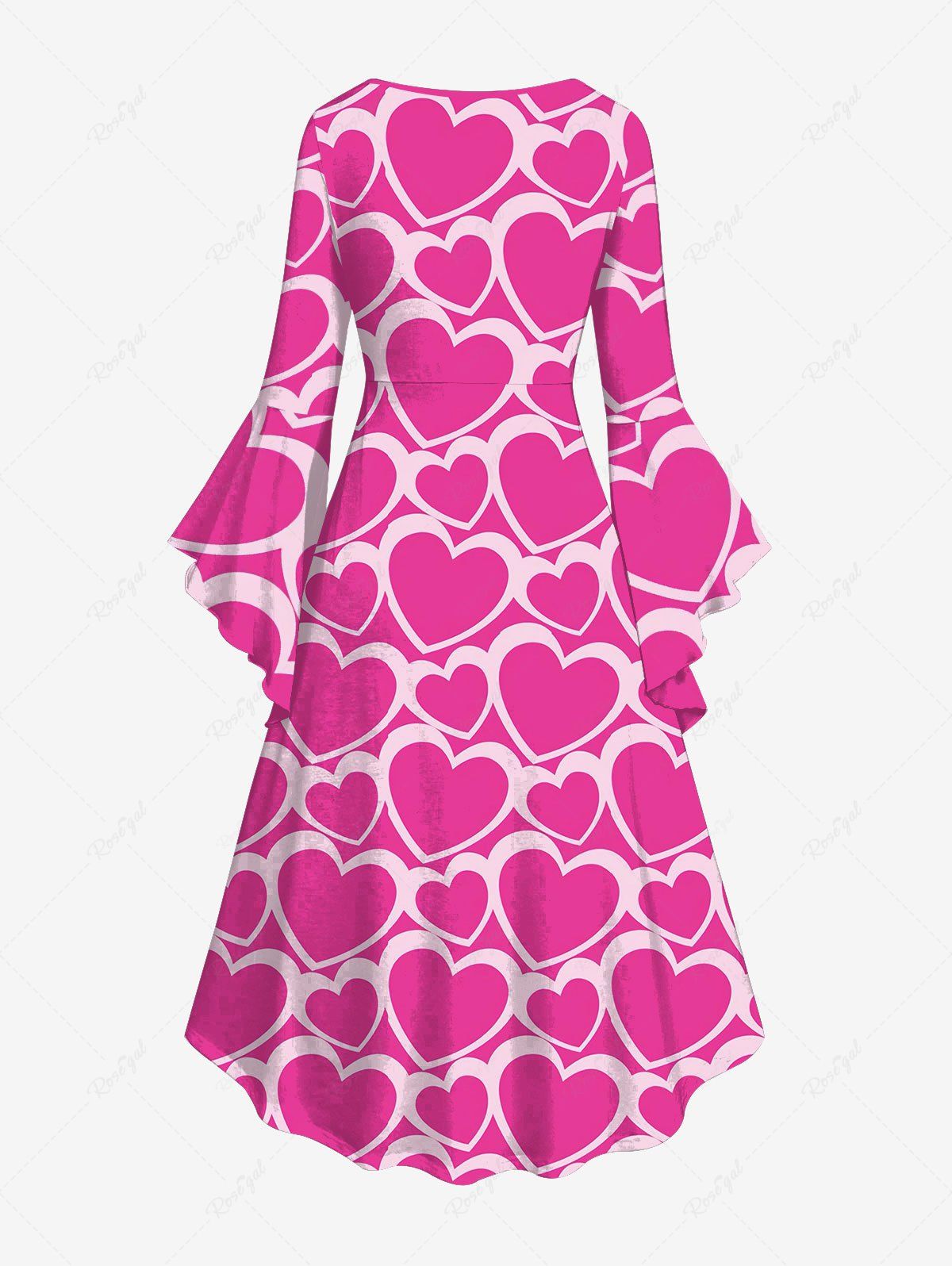 Gothic Plus Size Flare Sleeves Heart Print Ruched High Low Valentines A Line Dress