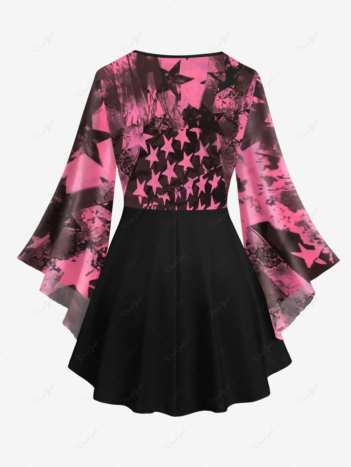 Gothic Plus Size Valentine's Day Flare Sleeves Ink Painting Stars Print Patchwork Lattice Blouse