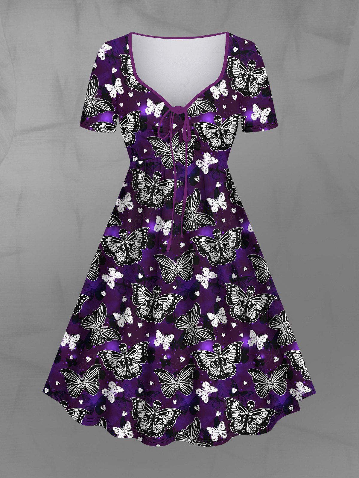 Gothic Plus Size Glitter Skeleton Butterfly Heart Galaxy Print Cinched A Line Dress