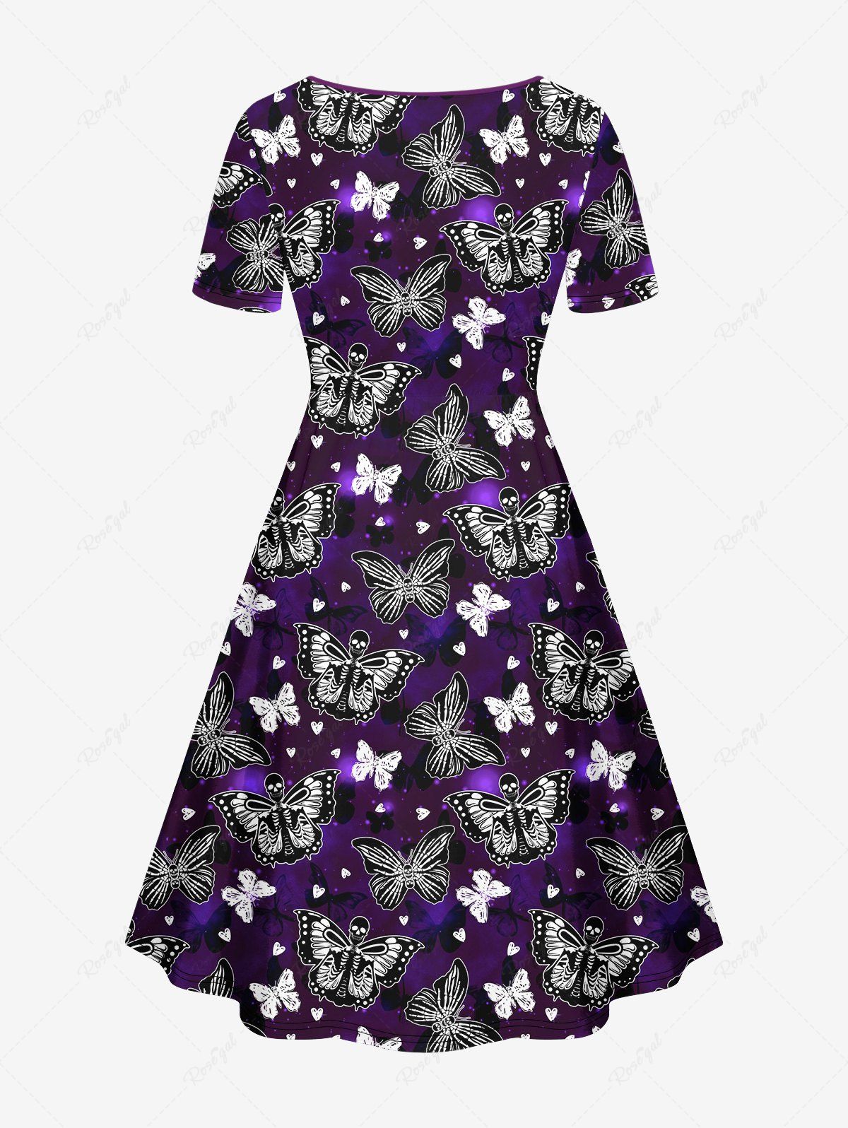 Gothic Plus Size Glitter Skeleton Butterfly Heart Galaxy Print Cinched A Line Dress