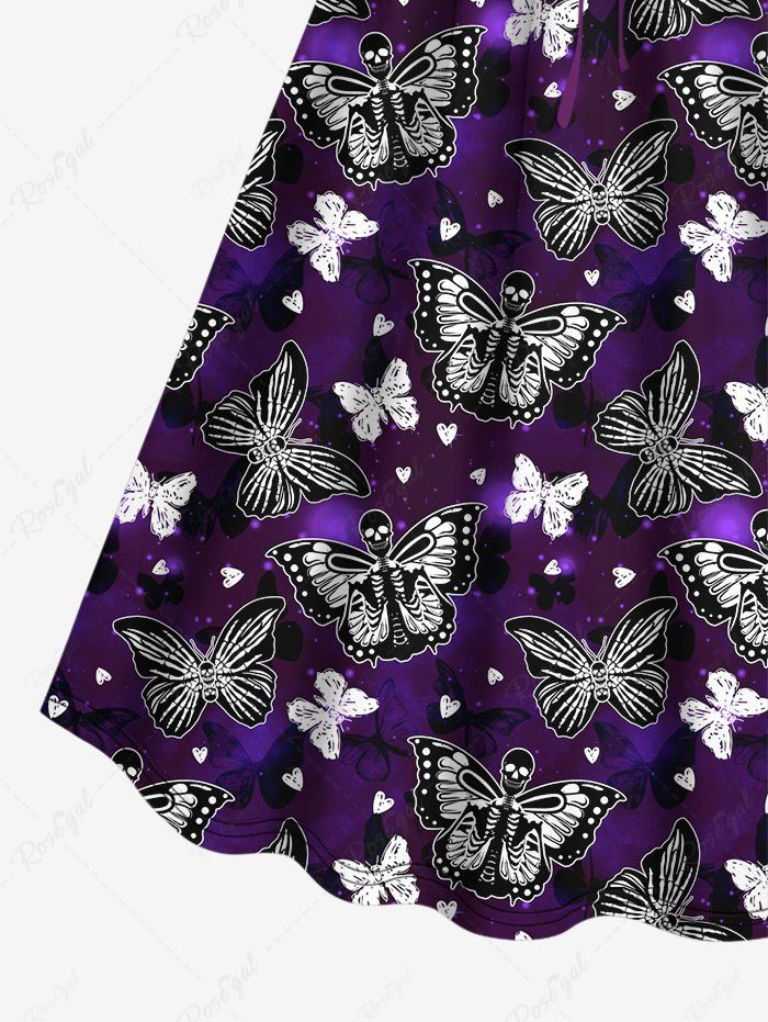 Gothic Plus Size Glitter Skeleton Butterfly Heart Galaxy Print Cinched A Line Dress