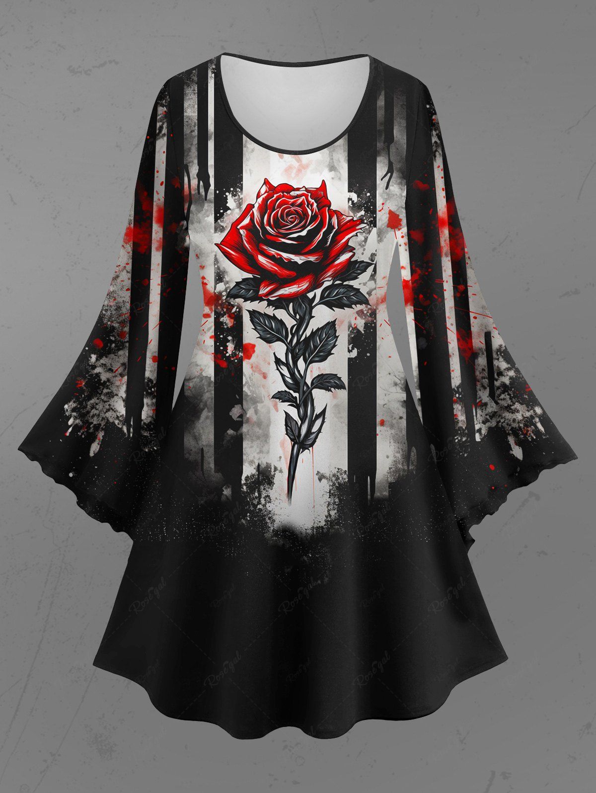 Gothic Plus Size Flare Sleeves Ink Painting Splatter Rose Flower Striped Print A Line Dress