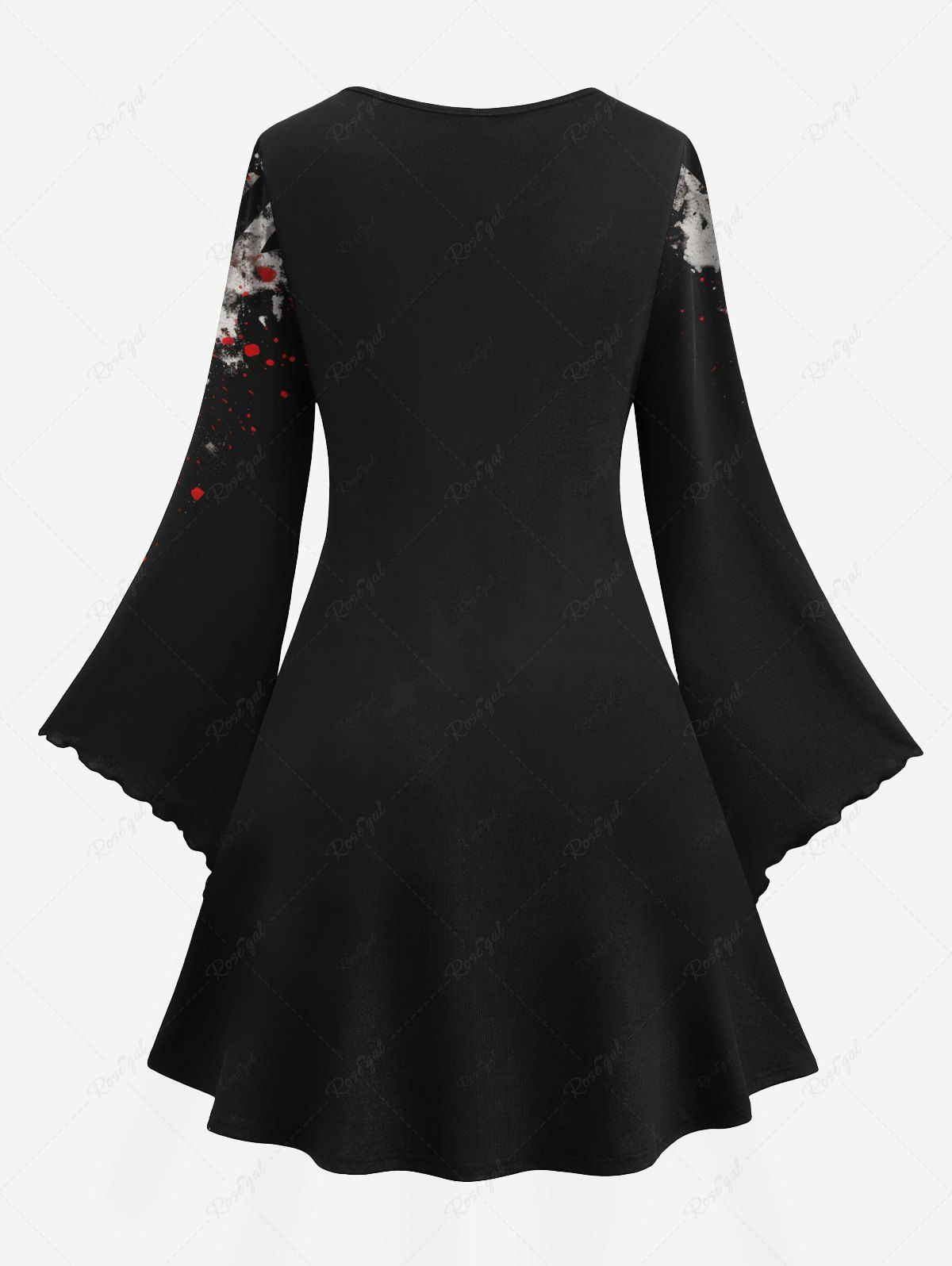 Gothic Plus Size Flare Sleeves Ink Painting Splatter Rose Flower Striped Print A Line Dress