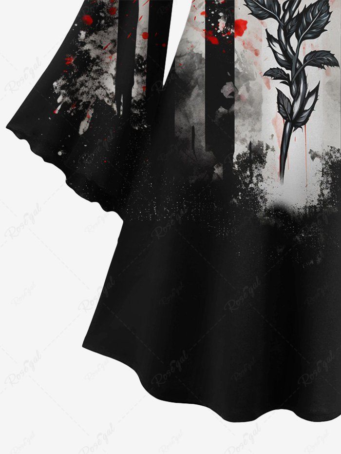 Gothic Plus Size Flare Sleeves Ink Painting Splatter Rose Flower Striped Print A Line Dress