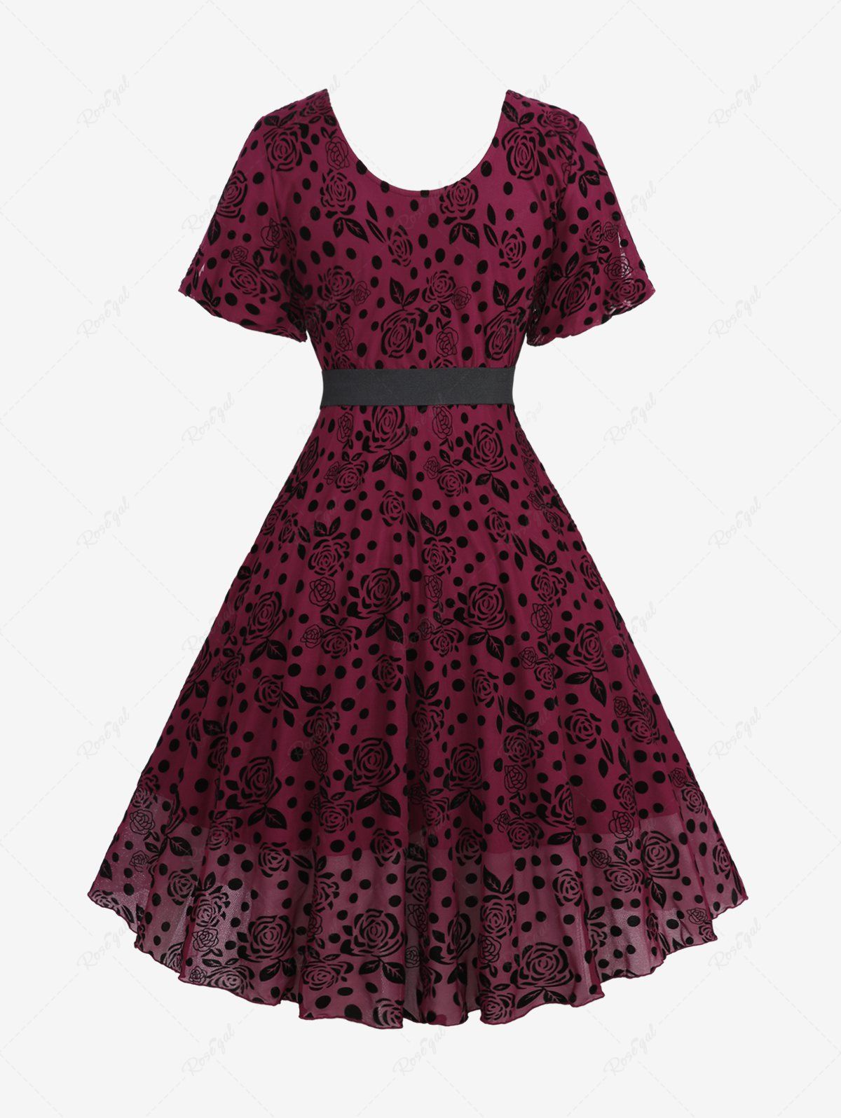 Gothic Plus Size Puff Sleeves Polka Dot Floral Mesh Flocking Lace Up Ruffles Ruched A Line Dress with PU Buckle Belt