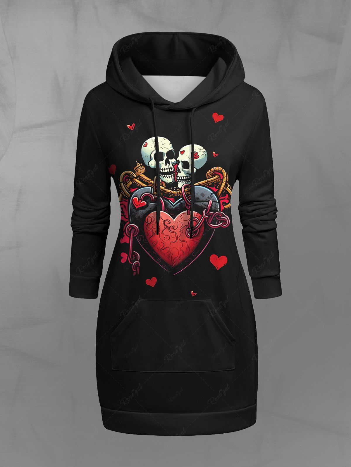 Gothic Valentine's Day Skulls Heart Lovers Print Pocket Drawstring Pullover Hoodie