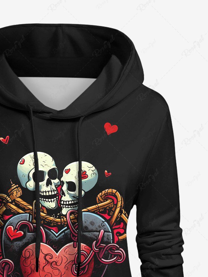 Gothic Valentine's Day Skulls Heart Lovers Print Pocket Drawstring Pullover Hoodie