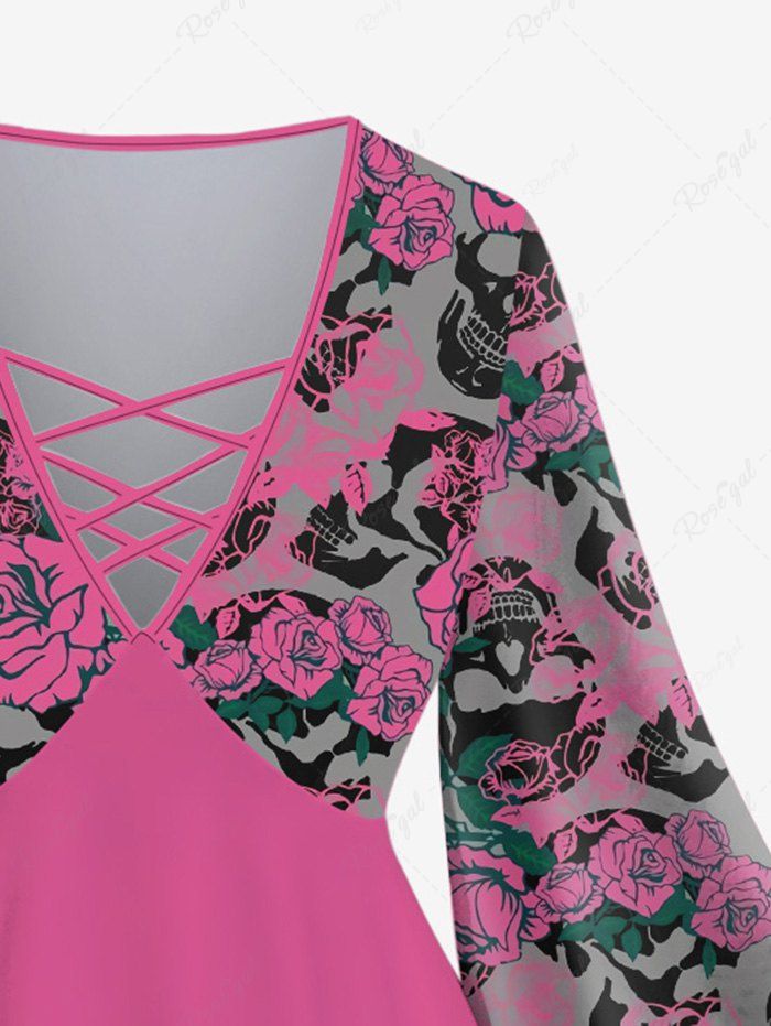 Gothic Plus Size Valentine's Day Flare Sleeves Rose Flower Leaf Skulls Print Lattice Patchwork Blouse