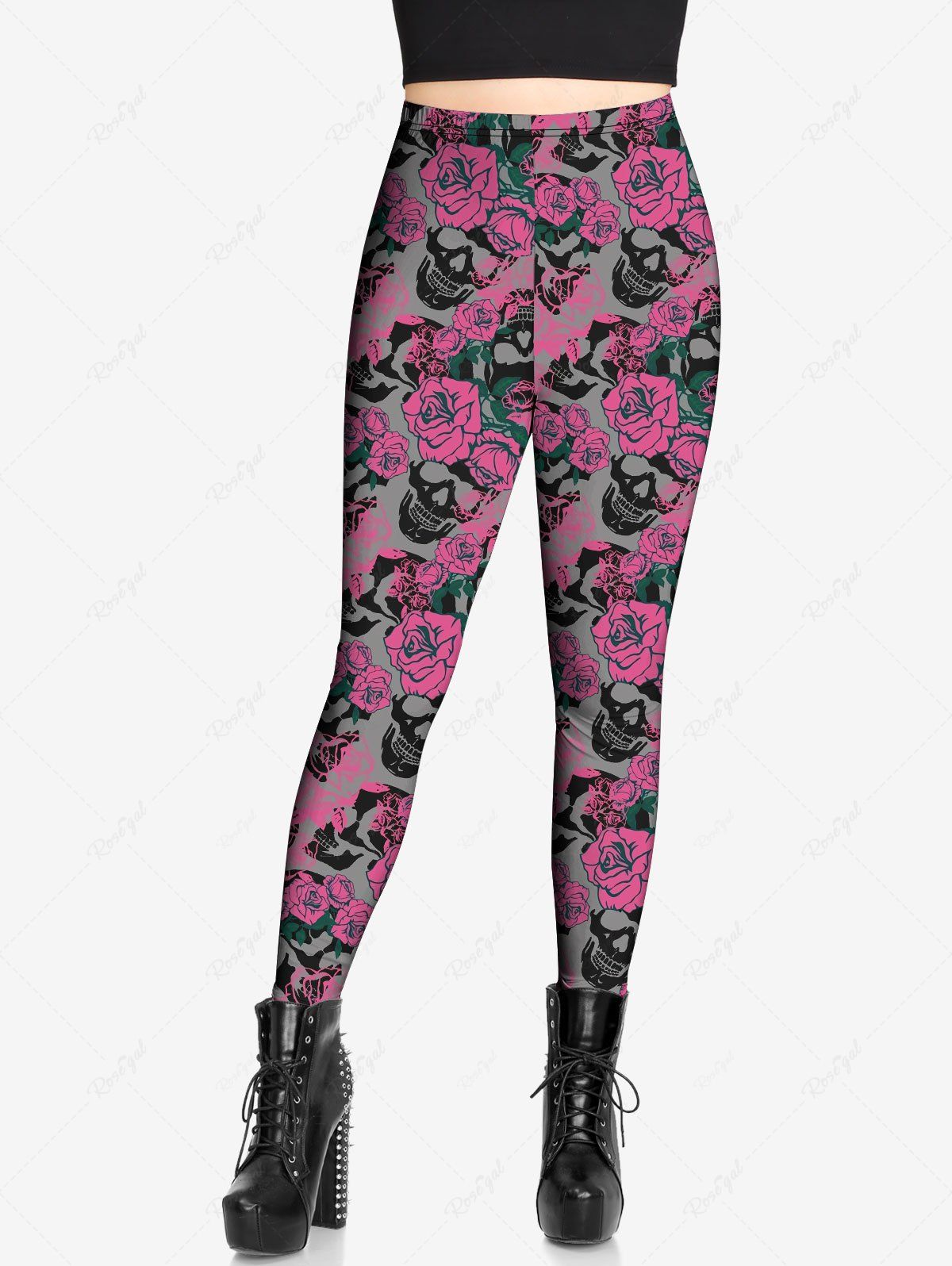 Gothic Plus Size Valentine's Day Skulls Rose Flower Leaf Print Skinny Leggings