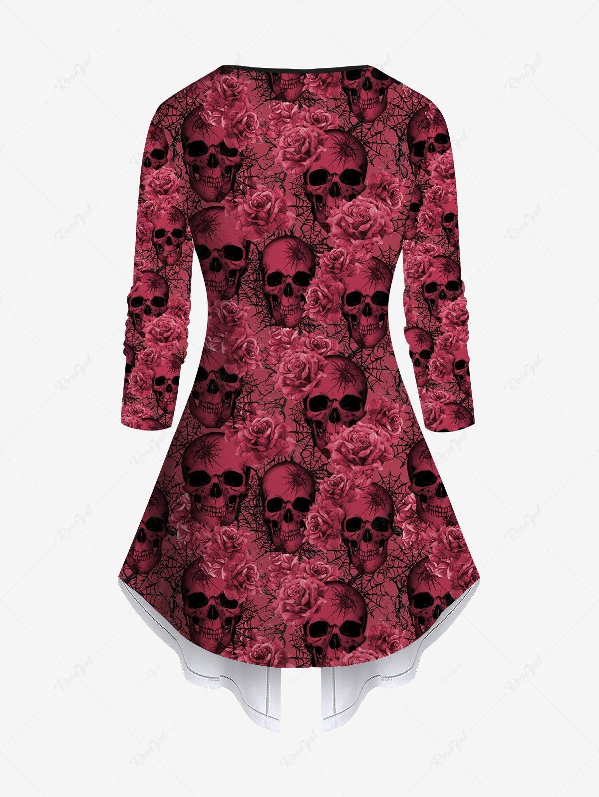 Gothic Plus Size Valentine's Day 3D Skulls Rose Flower Spider Web Distressed Print Patchwork Asymmetric Long Sleeves Top