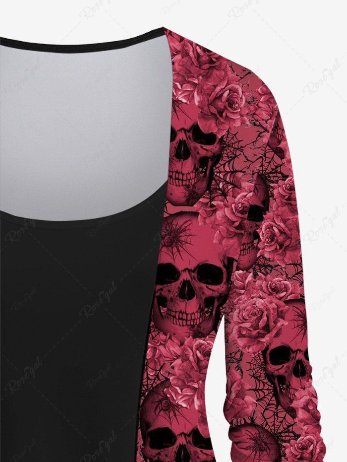 Gothic Plus Size Valentine's Day 3D Skulls Rose Flower Spider Web Distressed Print Patchwork Asymmetric Long Sleeves Top