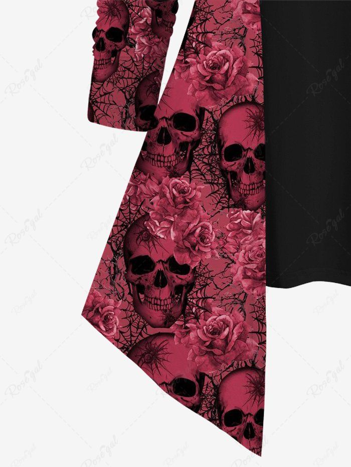 Gothic Plus Size Valentine's Day 3D Skulls Rose Flower Spider Web Distressed Print Patchwork Asymmetric Long Sleeves Top