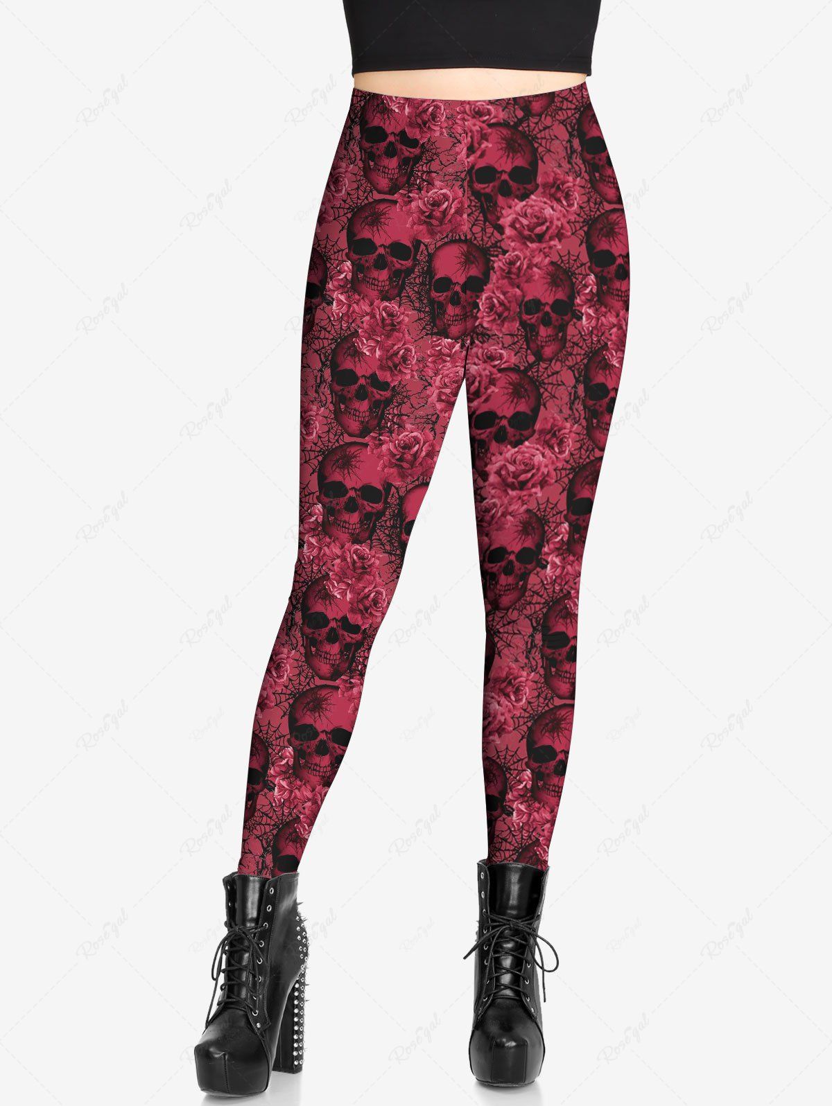 Gothic Plus Size Valentine's Day 3D Distressed Skulls Rose Flower Spider Web Print Skinny Leggings