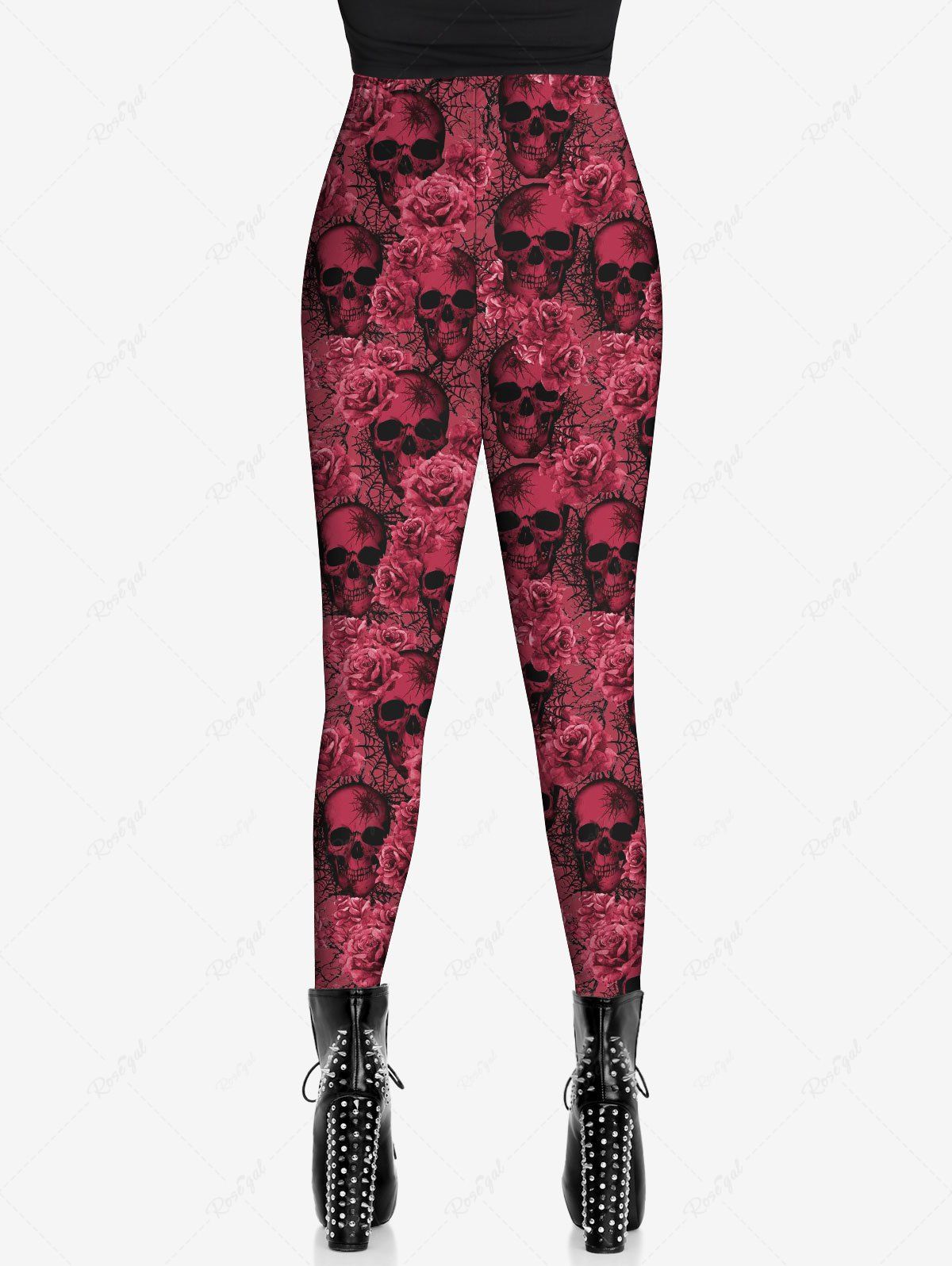 Gothic Plus Size Valentine's Day 3D Distressed Skulls Rose Flower Spider Web Print Skinny Leggings