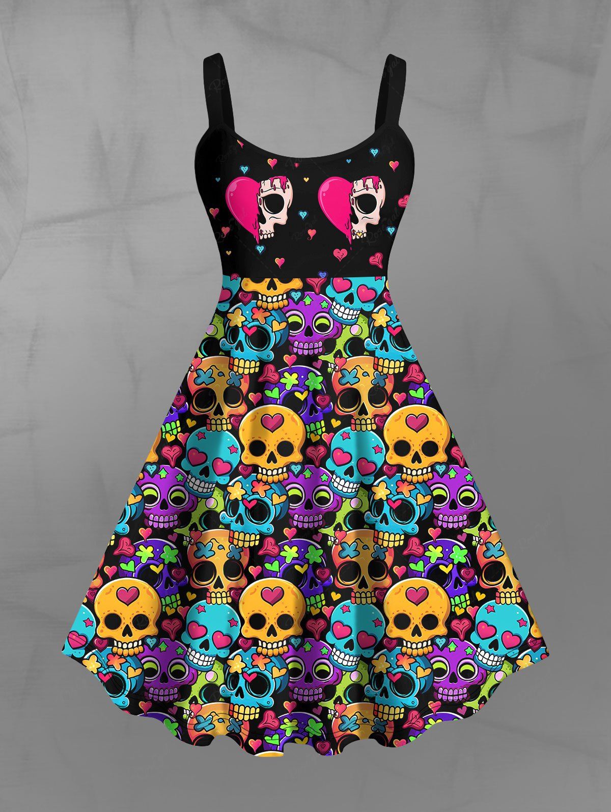 Gothic Valentine's Day Colorful Cartoon Skulls Heart Stars Print A Line Tank Dress