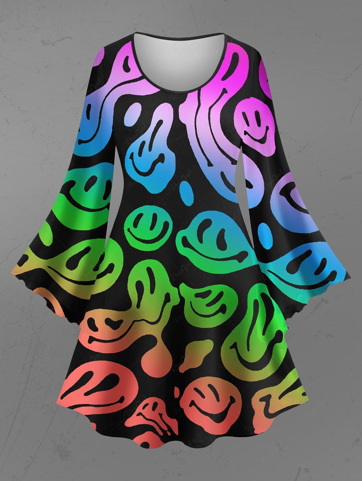 Gothic Plus Size Flare Sleeves Colorful Ombre Skulls Print A Line Dress