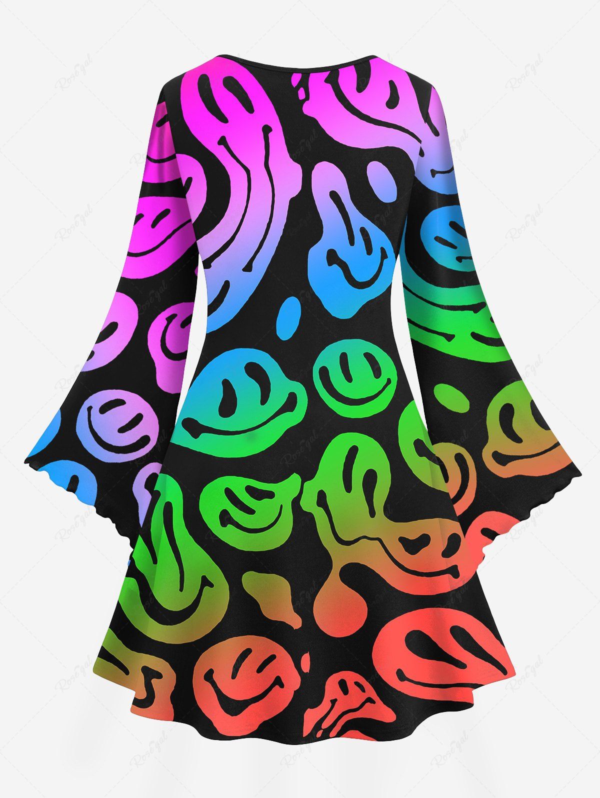 Gothic Plus Size Flare Sleeves Colorful Ombre Skulls Print A Line Dress