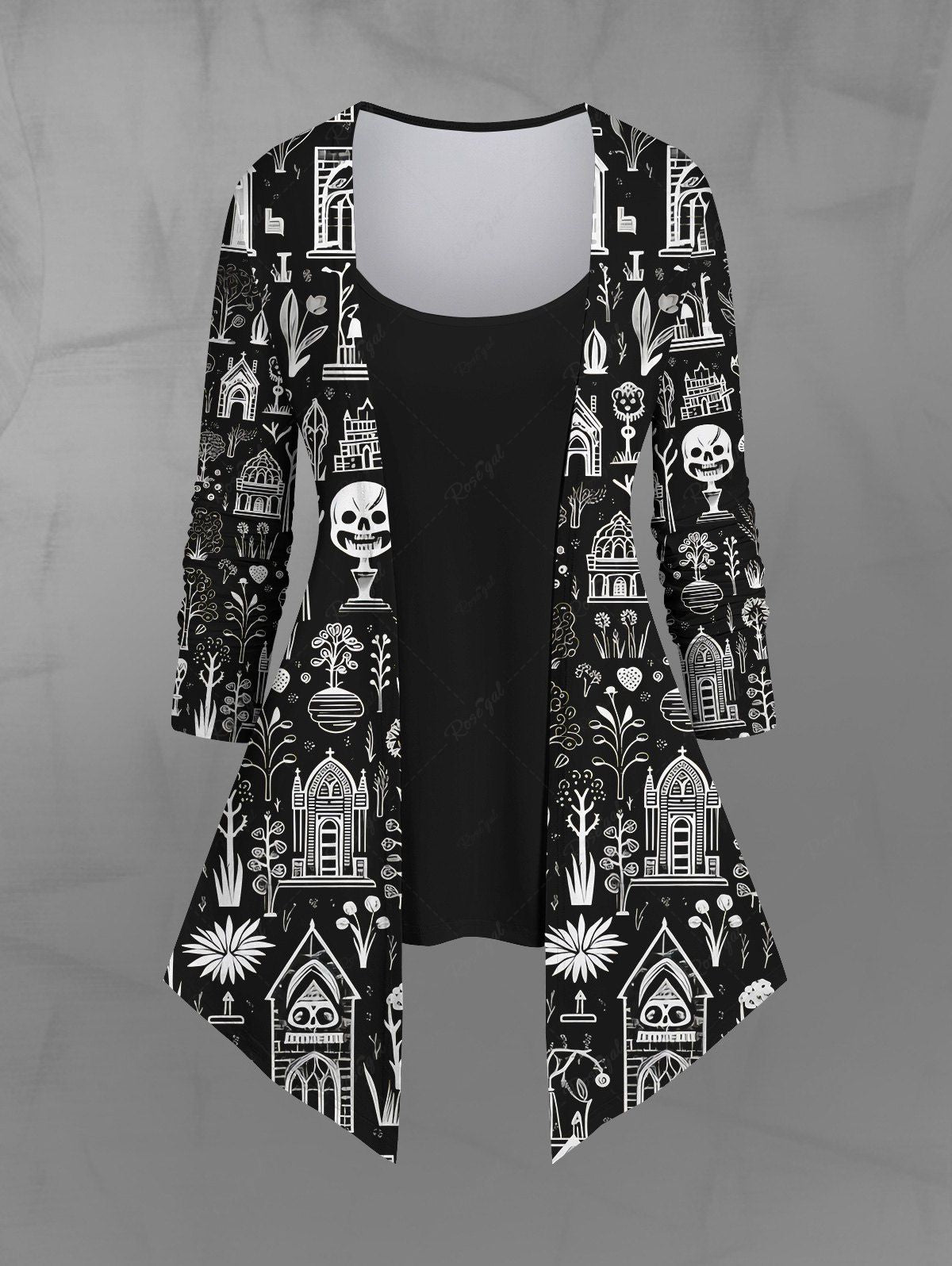 Gothic Skulls Tree Flower House Print Patchwork Asymmetric 2 in1 Long Sleeves Top