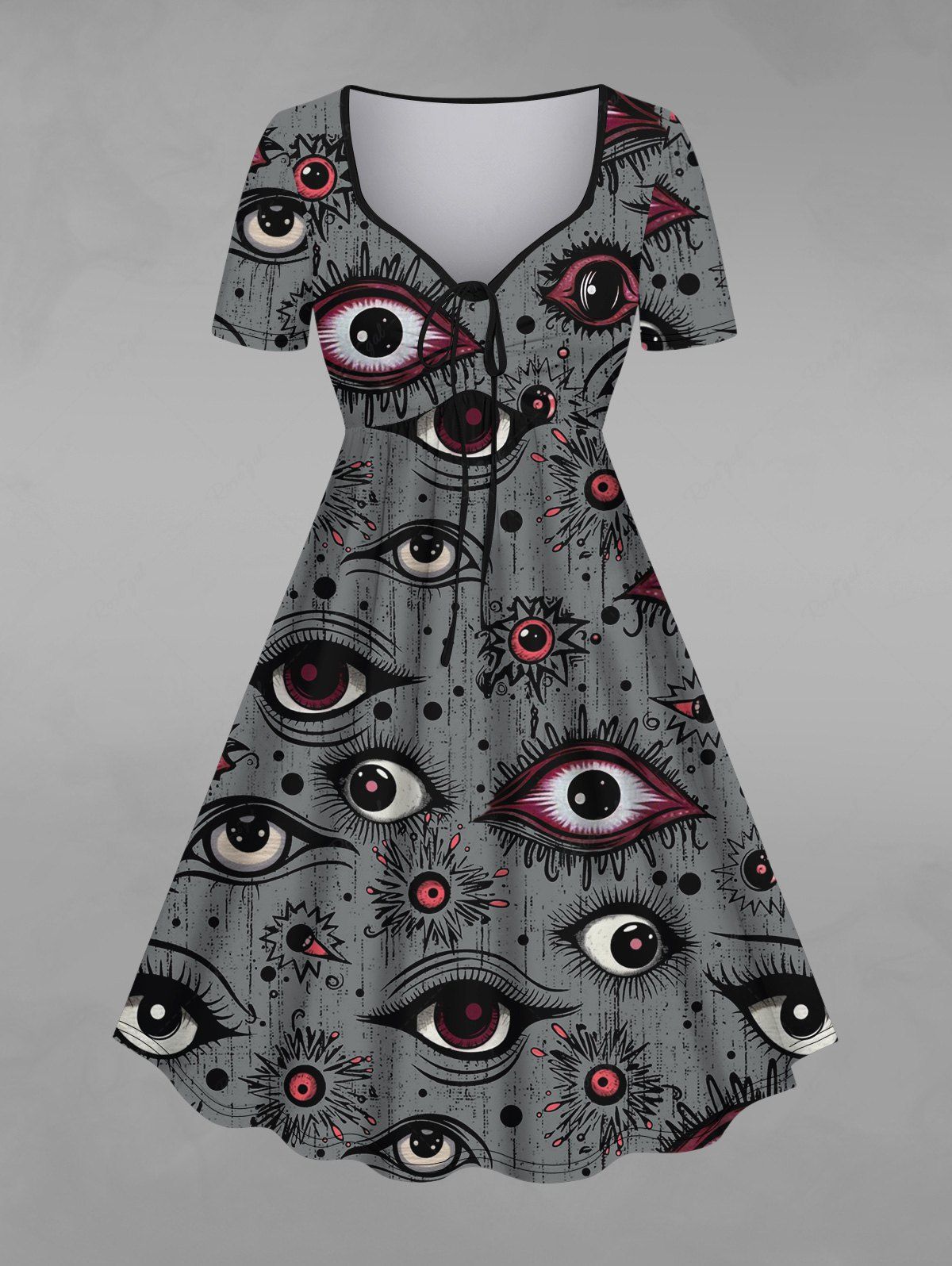 Gothic Plus Size Distressed Eyes Dots Print Cinched Dress