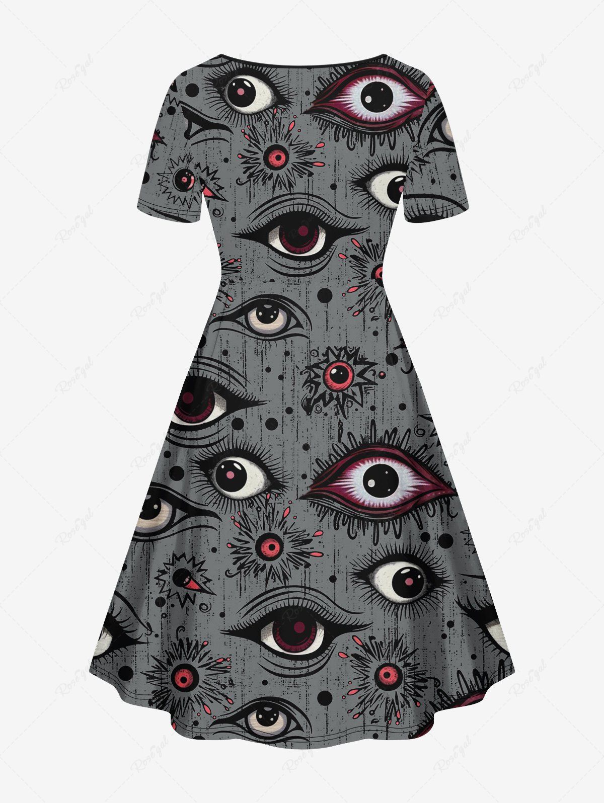 Gothic Plus Size Distressed Eyes Dots Print Cinched Dress