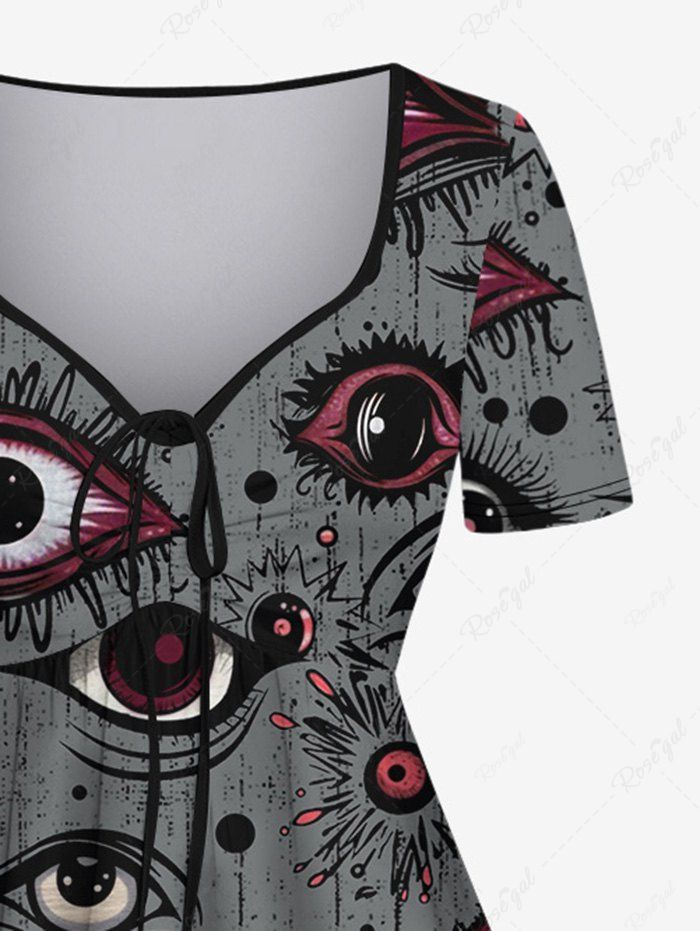 Gothic Plus Size Distressed Eyes Dots Print Cinched Dress