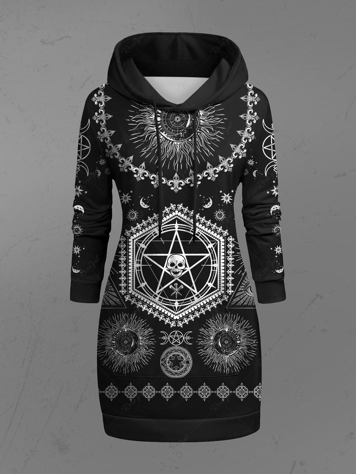 Gothic Plus Size Galaxy Skull Moon Sun Star Floral Graphic Print Drawstring Mid-length Hoodie