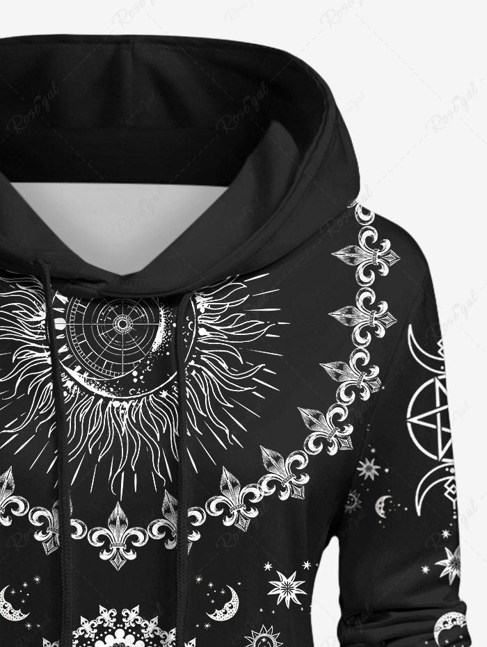 Gothic Plus Size Galaxy Skull Moon Sun Star Floral Graphic Print Drawstring Mid-length Hoodie