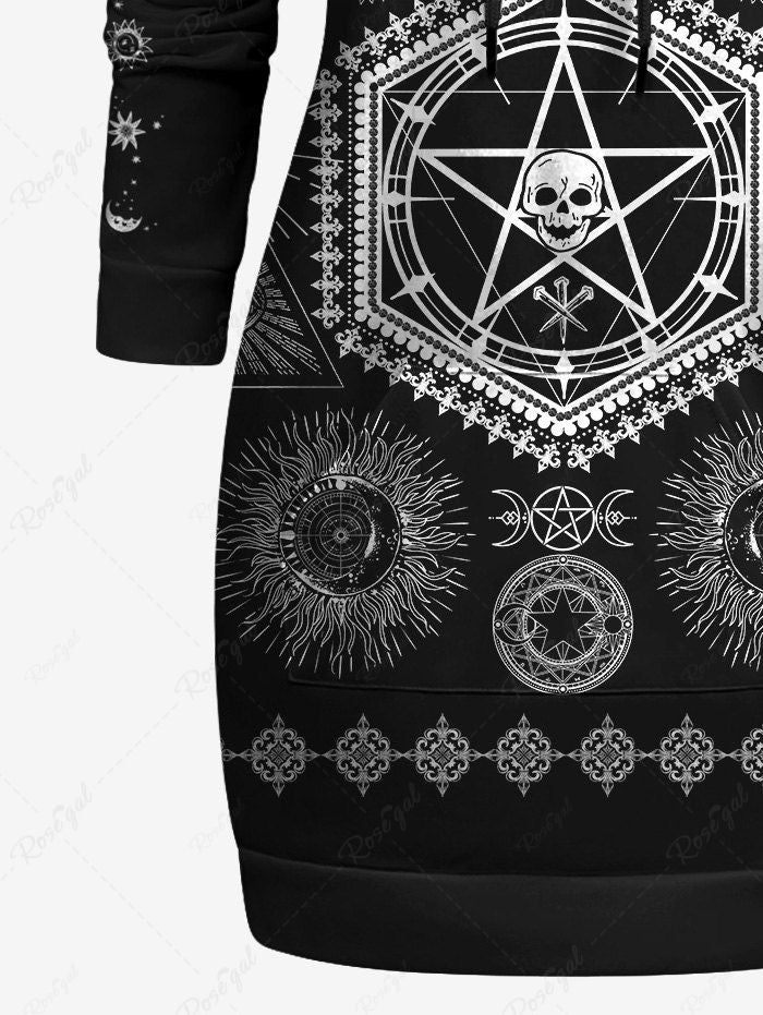 Gothic Plus Size Galaxy Skull Moon Sun Star Floral Graphic Print Drawstring Mid-length Hoodie