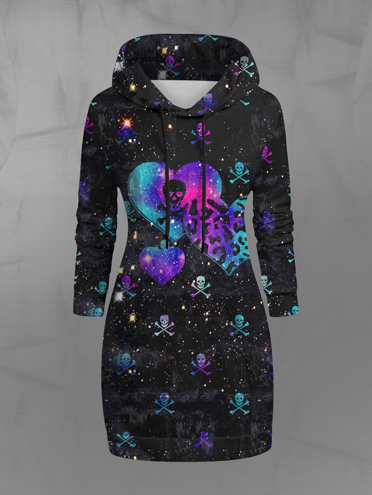 Gothic Plus Size Colorful Hollow Out Ombre Heart Skulls Galaxy Print Pocket Drawstring Pullover Long Sleeves Hoodie