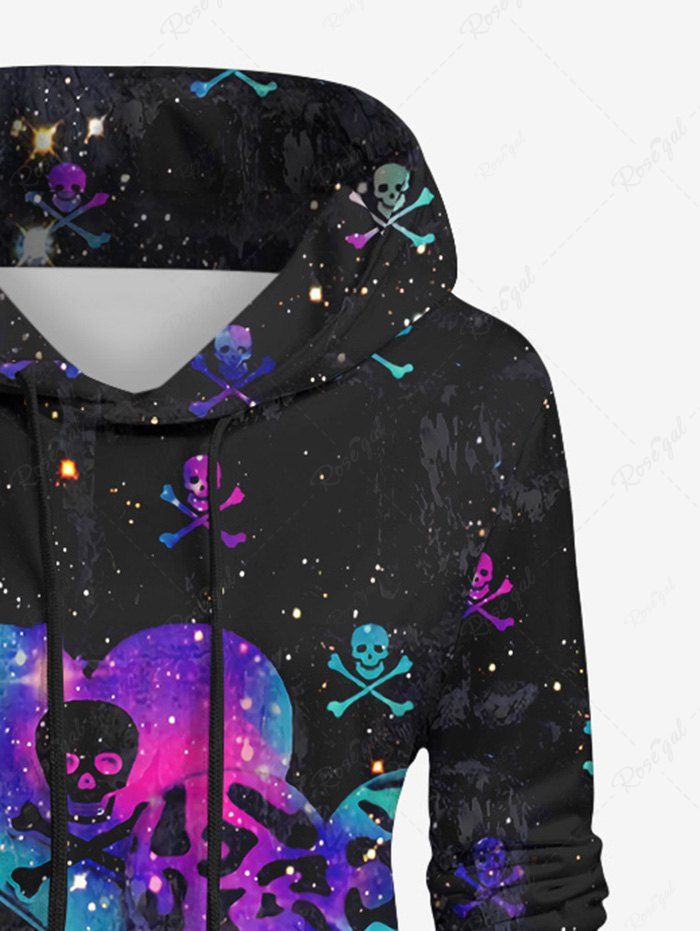 Gothic Colorful Hollow Out Ombre Heart Skulls Galaxy Print Pocket Drawstring Pullover Long Sleeves Hoodie