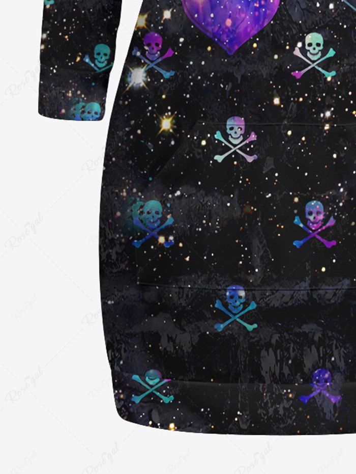 Gothic Colorful Hollow Out Ombre Heart Skulls Galaxy Print Pocket Drawstring Pullover Long Sleeves Hoodie