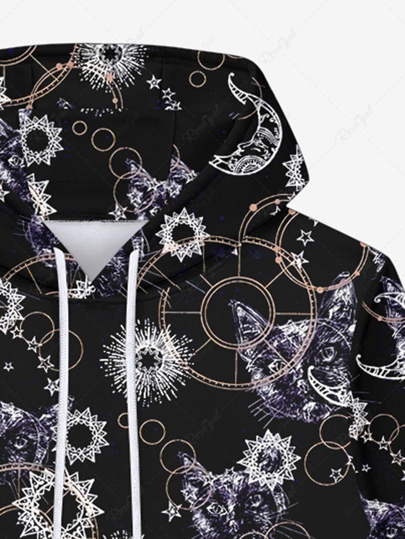 Gothic Cat Sun Moon Print Fleece Lining Pocket Drawstring Pullover Hoodie For Men
