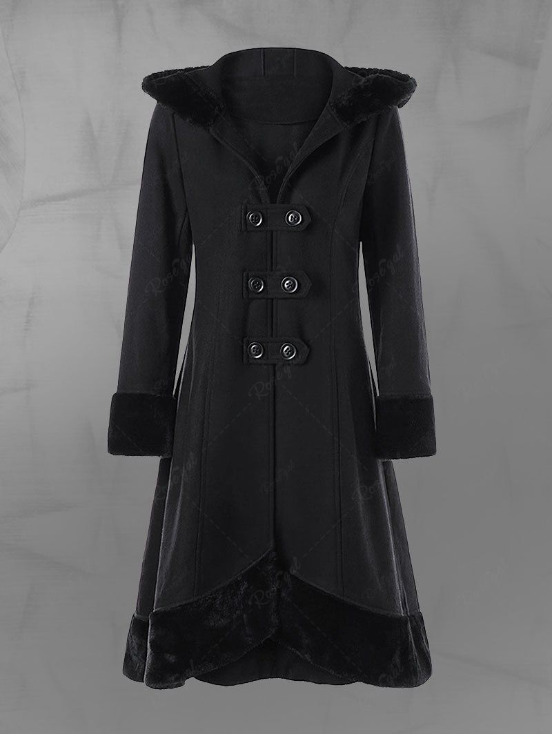 Gothic Plus Size Lace Up Back Fur Panel Buttons Hooded Solid Long Sleeves Coat