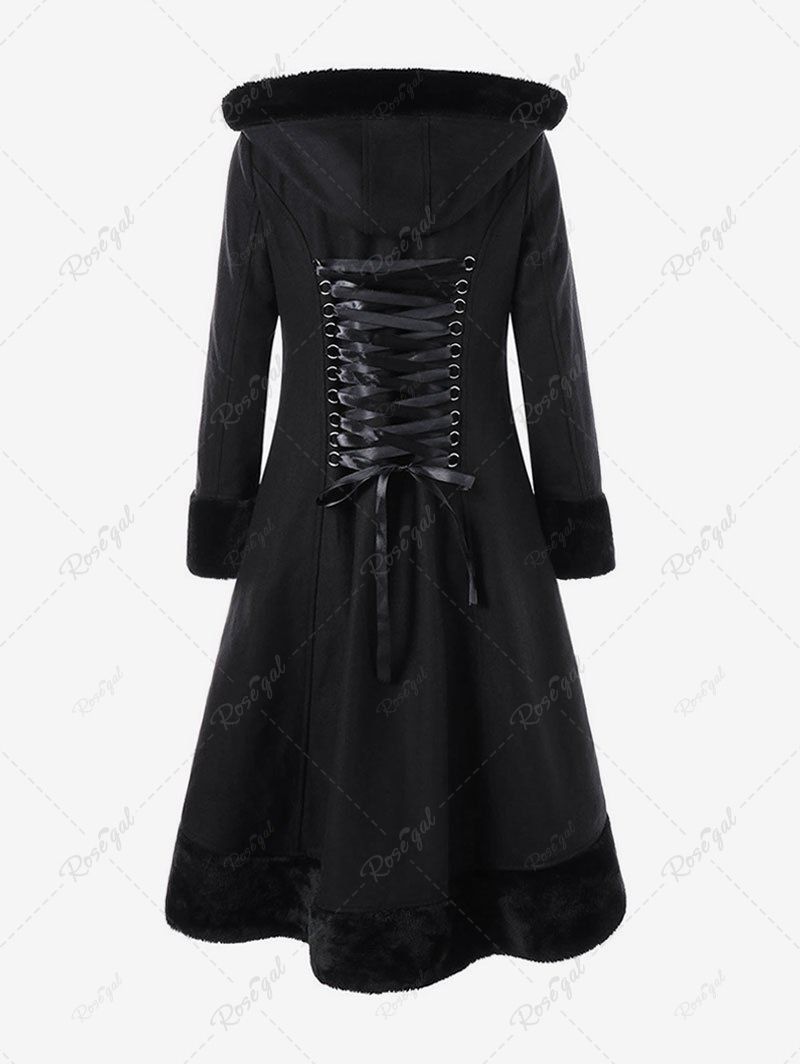 Gothic Plus Size Lace Up Back Fur Panel Buttons Hooded Solid Long Sleeves Coat