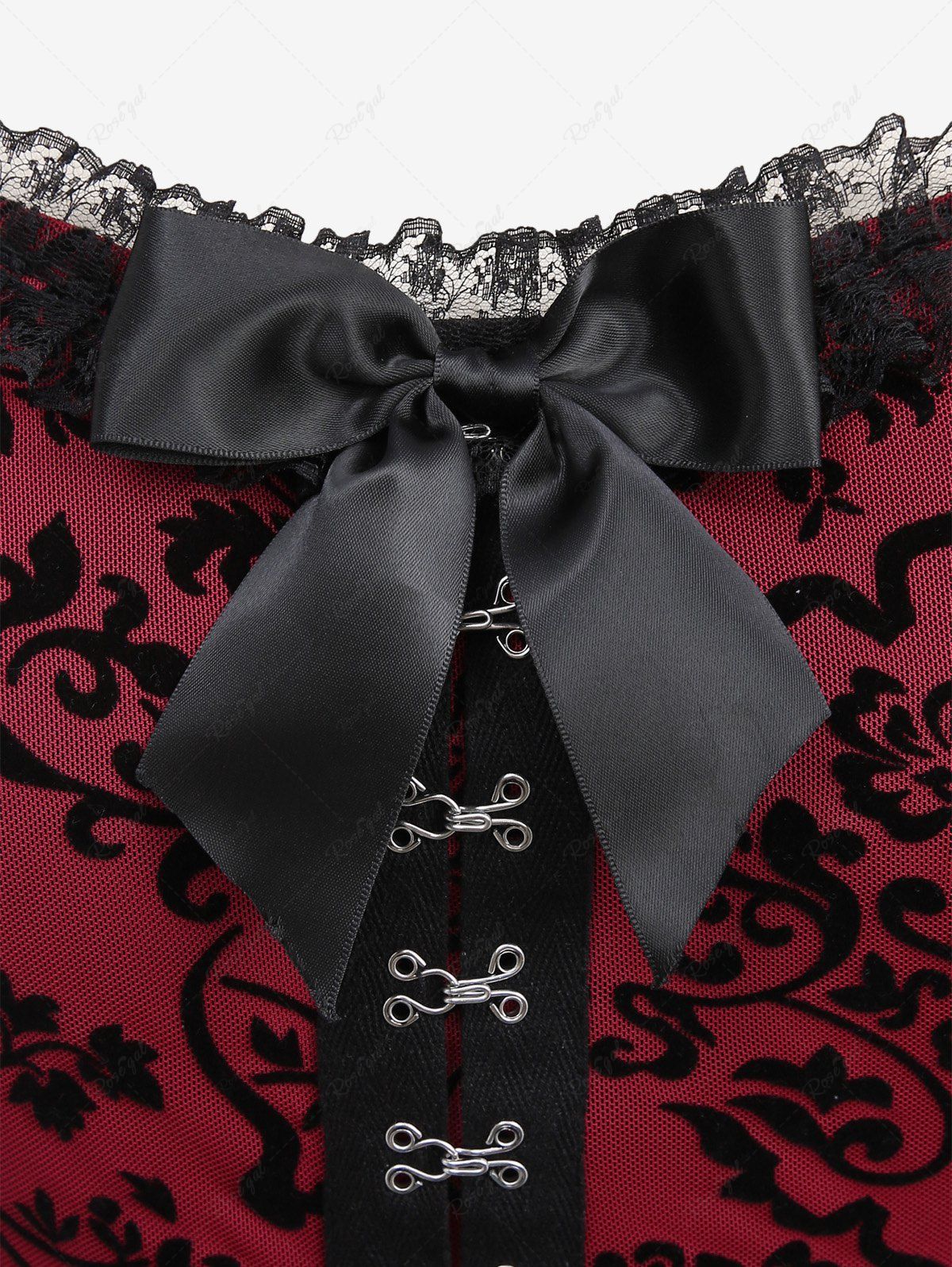 Gothic Floral Mesh Flocking Ruffles Lace Trim Bowknot Hook and Eye