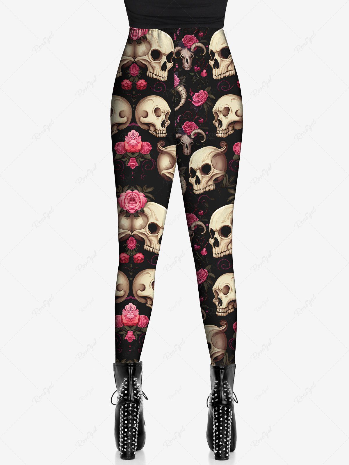 Gothic Rose Flower Skulls Horn Print Skinny Leggings