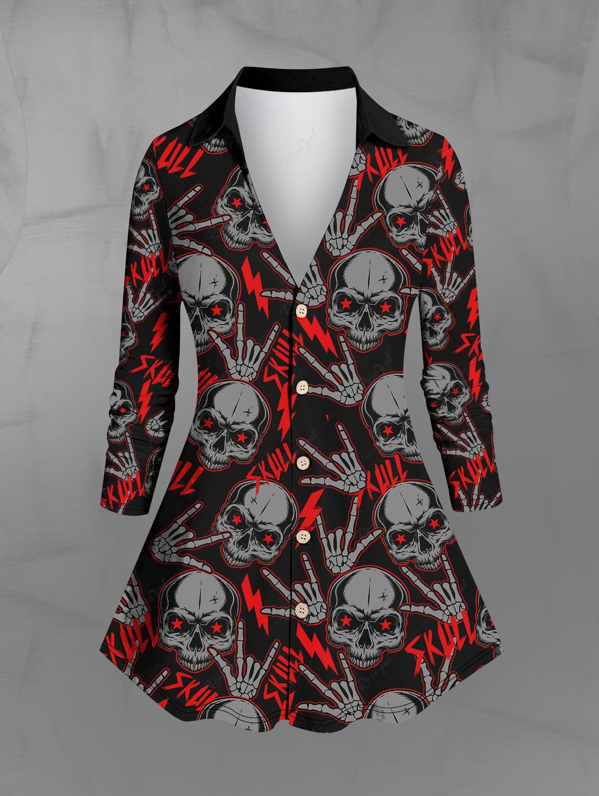 Gothic Plus Size Turn-down Collar Skulls Skeleton Hand Lightning Letters Print Buttons Shirt