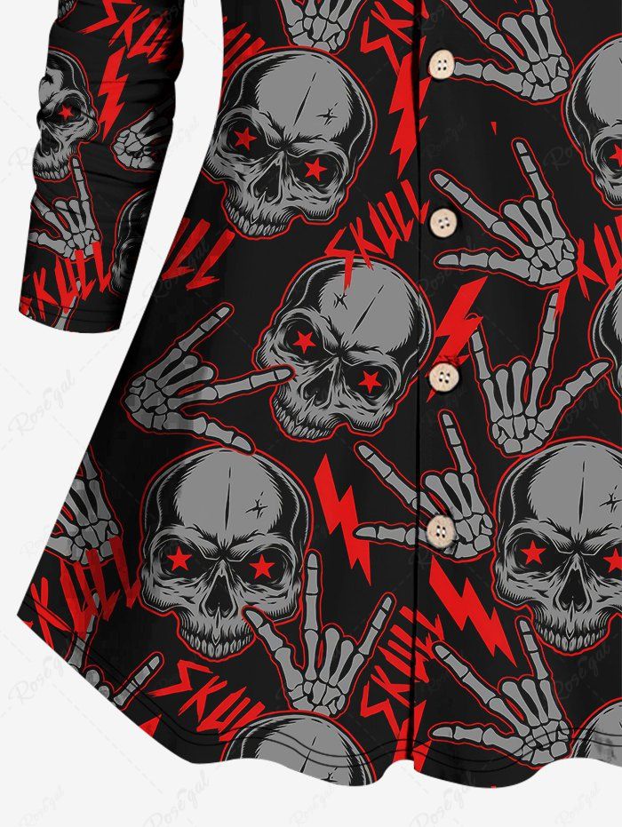 Gothic Plus Size Turn-down Collar Skulls Skeleton Hand Lightning Letters Print Buttons Shirt