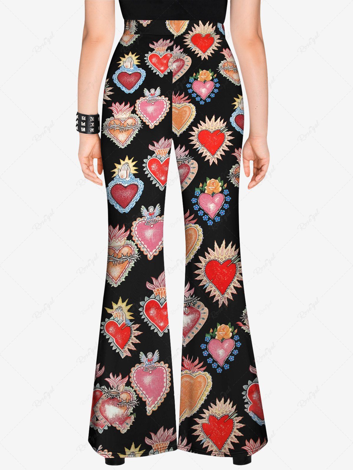 Gothic Plus Size Valentine's Day Colorful Heart Rose Flower Print Pull On Flare Pants