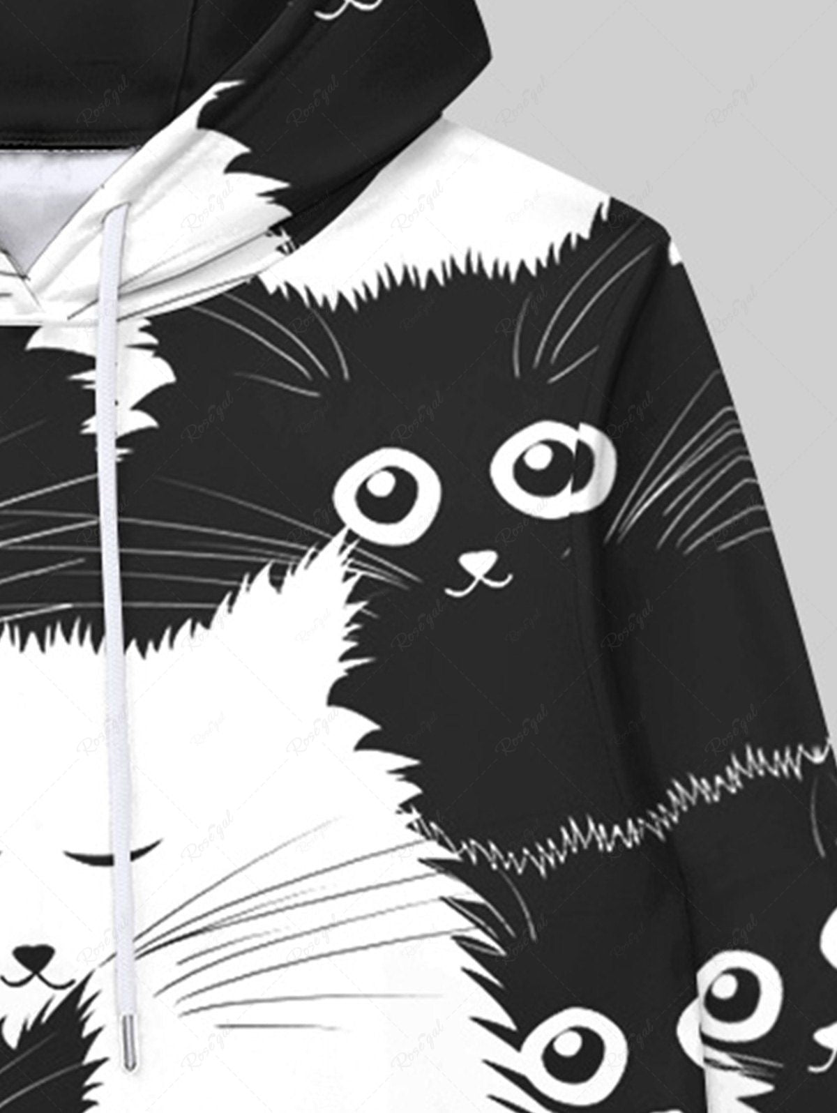 Gothic Cute Cat Print Pocket Drawstring Fleece Lining Pullover Hoodie For Men