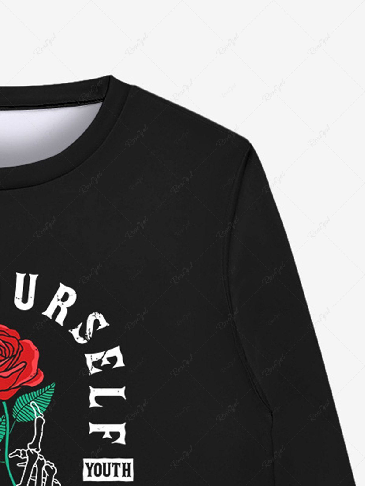 Gothic Rose Flower Leaf Skeleton Hand Letters Print Valentines Pullover Sweatshirt For Men