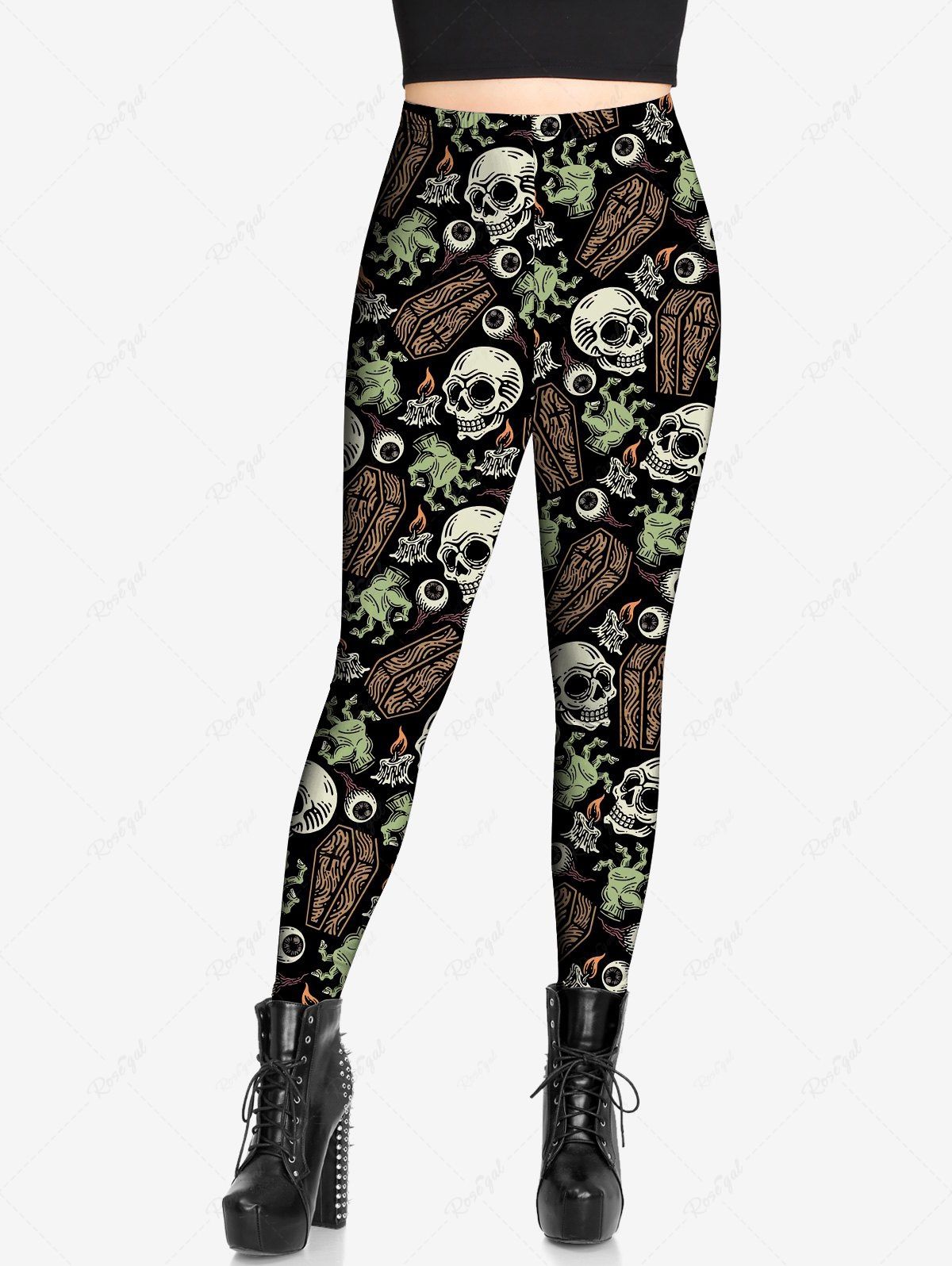 Gothic Plus Size Skulls Candle Eye Cross Coffin Palm Print Skinny Leggings