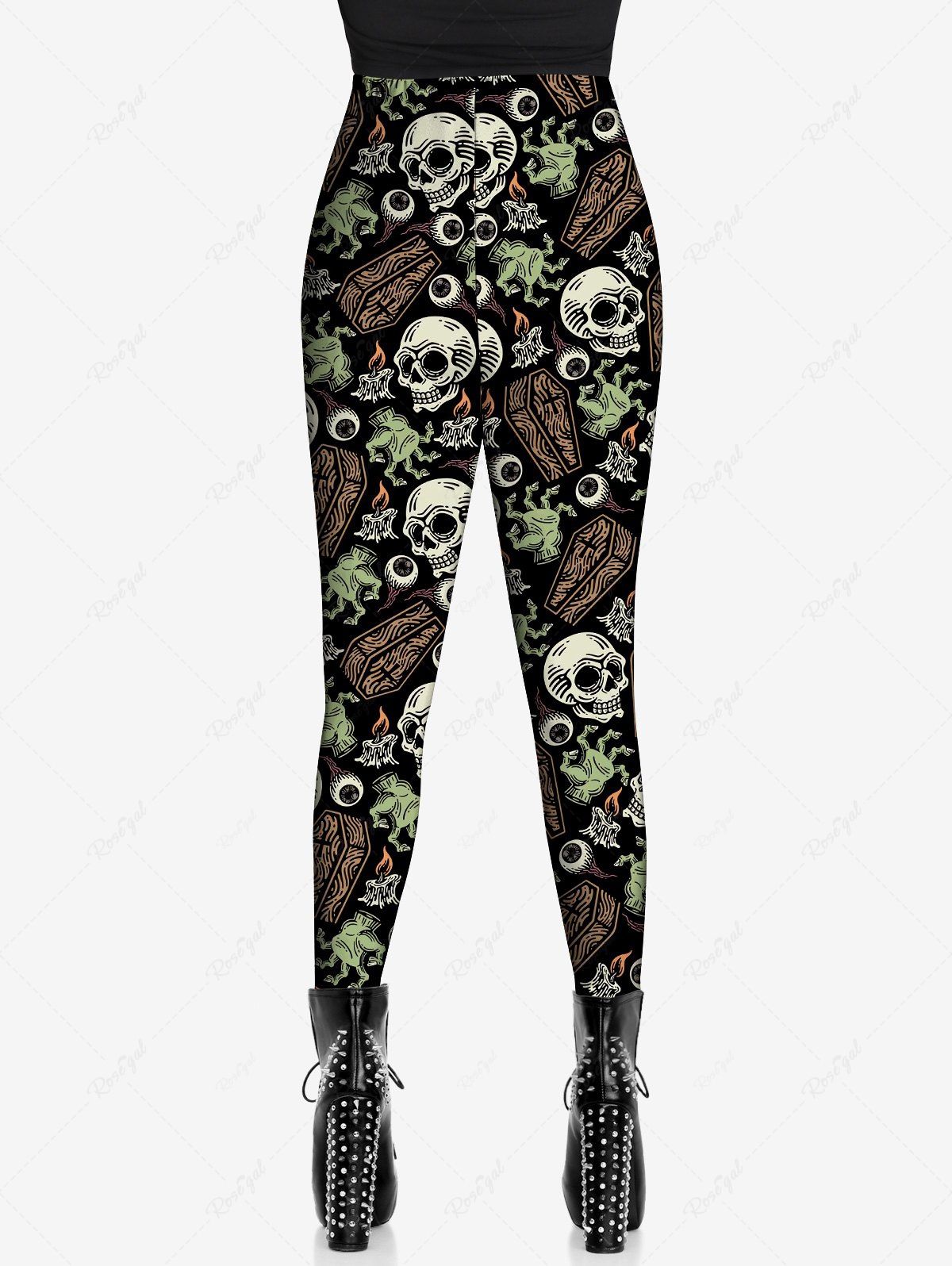 Gothic Plus Size Skulls Candle Eye Cross Coffin Palm Print Skinny Leggings