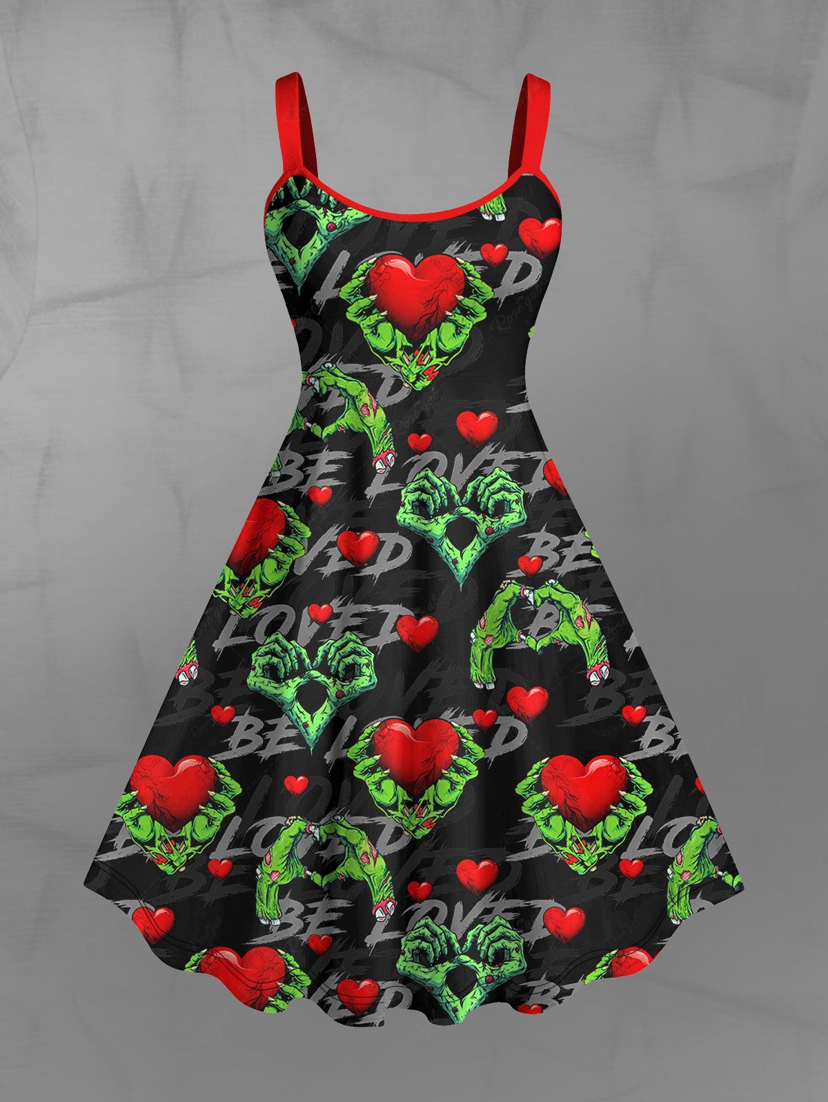 Gothic Plus Size Skeleton Palm Heart Distressed Letters Printed Valentines A Line Tank Dress