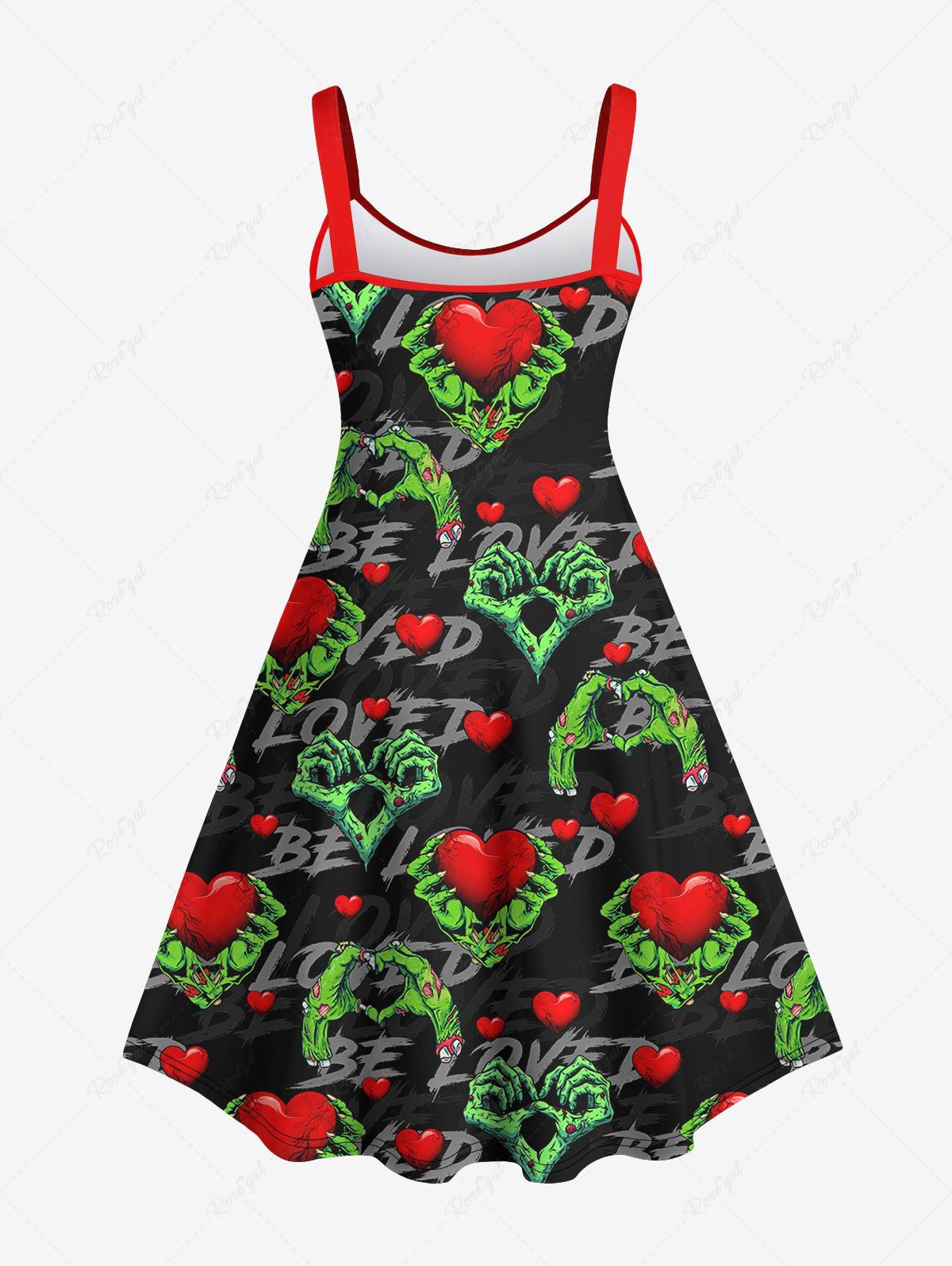 Gothic Plus Size Skeleton Palm Heart Distressed Letters Printed Valentines A Line Tank Dress