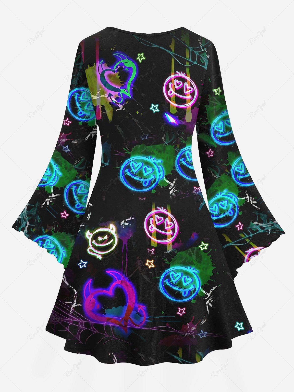 Gothic Plus Size Valentine's Day Flare Sleeves Glitter Devil Heart Face Spider Web Distressed Watercolor Print A Line Valentines Dress