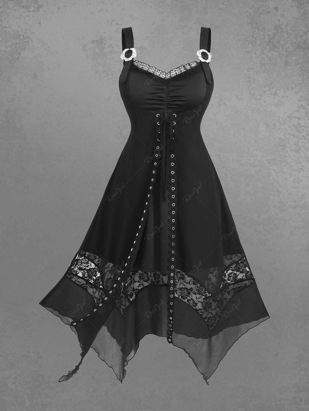 Gothic Plus Size Lace-up Grommets Floral Lace Patchwork Flower Buckle Asymmetrical Tank Dress